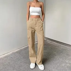 Detail view of khaki multi-pocket cargo pants on a model with straight leg fit.
