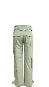 Detailed back view of women's sage green multi-pocket cargo pants with a loose wide leg fit.