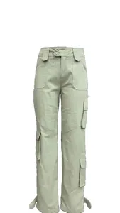 Front view detail of women's sage green multi-pocket straight-leg cargo pants.