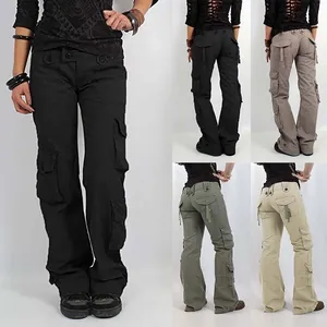 Detail view of women's loose straight-leg cargo pants in multiple solid colors.