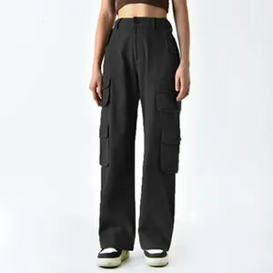 Front view of women's black multi-pocket cargo pants for casual outdoor activities.