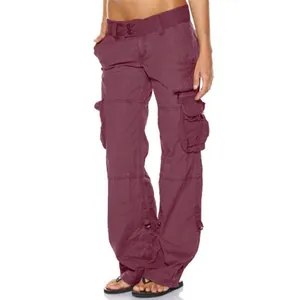 Vintage lockere burgunderrote Cargo-Hose für Damen mit mehreren Utility-Taschen