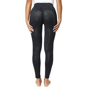 Rückansicht schwarzer Reitleggings für Damen mit silbernem Silikon-Vollbesatzgrip
