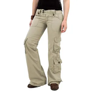 Detailed side view of women's khaki multi-pocket wide-leg straight cargo pants