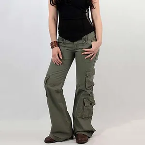Detailed view of women's army green multi-pocket cargo pants with straight leg cut