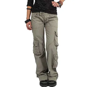 Full view of stylish women's olive green multi-pocket cargo pants with wide leg fit.