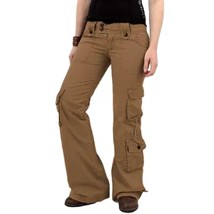 Women's brown wide-leg cargo pants with multiple pockets for casual outdoor style
