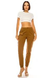 Full-body view of women's brown cargo pants with multi-pockets and elastic waist