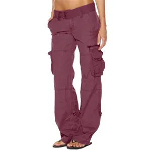 Vintage weinrote Cargo-Hose für Damen mit weitem Bein und mehreren Taschen