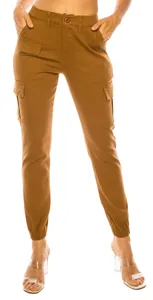 Detailed view of women's khaki cargo pants with multiple pockets and elastic waist fit.