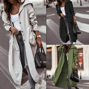 Women Mid Long Trench Coat Elegant Large Lapel Single Breasted Casual Outerwear Windbreaker Jacket Fashion Overcoat Polyester Solid Color Top