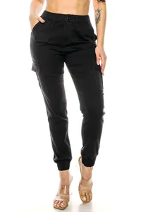 High-waisted black cargo pants for women featuring multi-pocket design and elastic cuffs