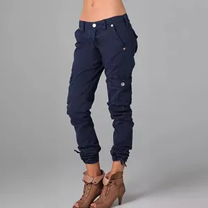Pantaloni cargo blu navy da donna con tasche multiple e coulisse alle caviglie sportivi.