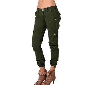 Pantaloni cargo da donna verde scuro con tasche multiple e orlo con coulisse regolabile