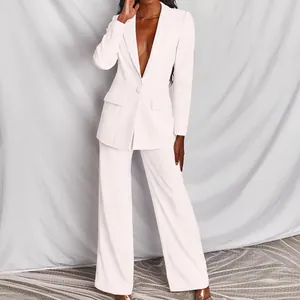 Elegante completo bianco due pezzi da donna con blazer a maniche lunghe e pantaloni