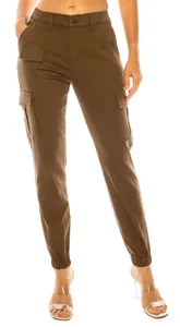Detailed shot of brown women cargo pants featuring multi-pocket design and elastic cuffs