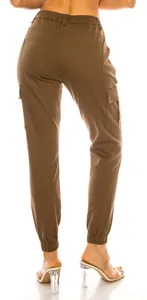 Detailed back view of brown women's cargo jogger pants with high elastic waist and pockets