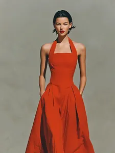 Full view of elegant red halter-neck dress with pockets and a fitted waist design.