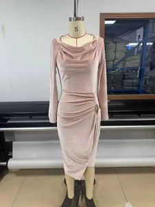 Elegant mauve velvet long sleeve dress featuring ruched waist and a stylish side slit