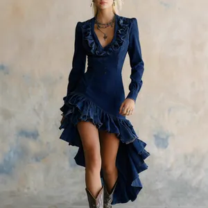 Abito vintage in denim stile western con scollo a V a balze e orlo alto-basso asimmetrico