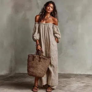 Women Casual Off The Shoulder Striped Maxi Dress Elegant Puff Sleeve Loose Vacation Summer Printed Polyester Spandex Dress