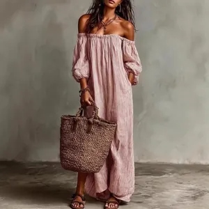 Elegant boho style off-shoulder vertical striped pink maxi dress with long puff sleeves