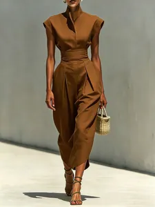 Elegant brown high-neck sleeveless jumpsuit with high-waisted wide-leg pants for women