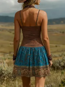 Vista trasera de un vestido bohemio de tirantes con estampado paisley vintage y corte slim