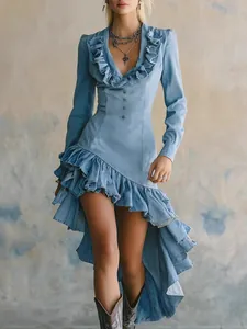 Abito in Denim con Volant in Stile Western Country Donna Scollo a V Manica Lunga Orlo Asimmetrico Boho Midi