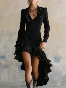 Elegante abito in denim nero stile western vintage con scollo a V a volant e orlo basso