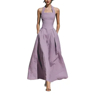 Elegant lavender halter-neck maxi dress with side pockets for summer casual fashion wear