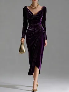 Elegant purple velvet long sleeve dress with pleated waist and front slit detail