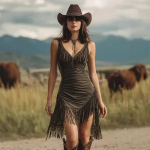 Sexy olivgrünes Bodycon-Kleid mit tiefem V-Ausschnitt und Fransen im Western-Look