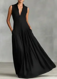 French style elegant black sleeveless maxi dress with V-neck and flowing skirt