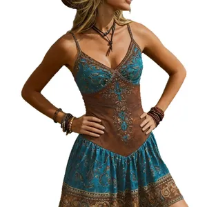 Vestido corto vintage con cuello en V y tirantes con estampado de cachemir azul