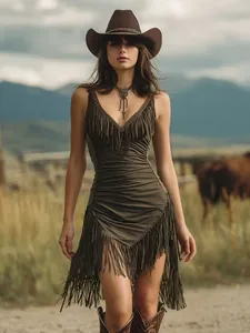 Detailansicht eines sexy ärmellosen Kleides mit Fransen und V-Ausschnitt im Ranch-Stil