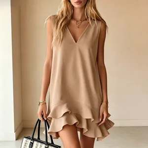 Sleeveless V-neck mini dress in camel beige featuring an elegant tiered ruffle hem