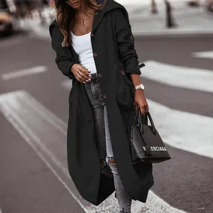 Stylish women's casual long black trench coat with large lapel design for autumn