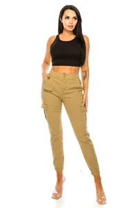 Full view of women's khaki cargo pants with multi-pockets and elastic waist.