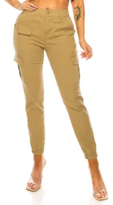 Close-up view of women's khaki cargo pants with multi-pocket design and elastic waist.