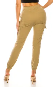 Detailed back view of women's khaki cargo pants featuring an elastic waist and pockets.