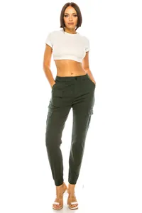 Front view of dark green women's cargo pants with multi-pocket and slim leg design