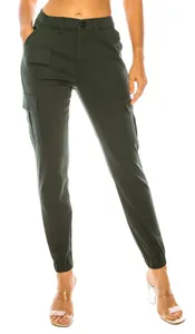 Full front view of women's dark green multi-pocket cargo pants with elastic waist