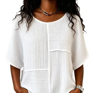 Lässiges weißes T-Shirt für Damen mit Plissee-Patchwork, halben Ärmeln und Rundhals