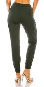 Back view of dark green women's cargo jogger pants featuring multi-pockets and elastic waist.