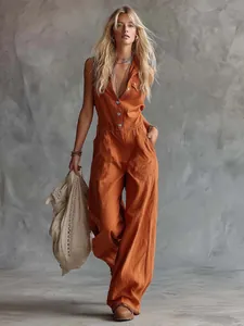 Modieuze mouwloze linnen jumpsuit in oranje met V-hals en knoopsluiting aan de voorkant