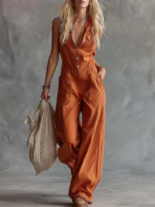 Dames Westerse Stijl Mouwloze V-Hals Linnen Jumpsuit Wijde Pijpen Eendelig Met Voorste Knopen En Zakken Casual Zomer Boheems Overall