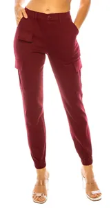 Close-up of wine red outdoor cargo pants with multi-pockets and elastic cuffs