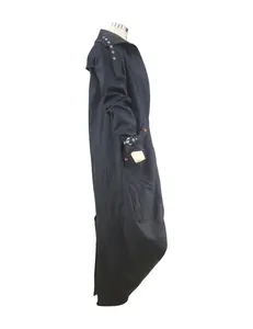 Side view of women's long black trench coat with unique lapel and sleeve details.
