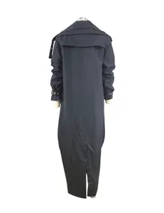 Back view of a long black women's trench coat with tiered yoke and sleeve buckles